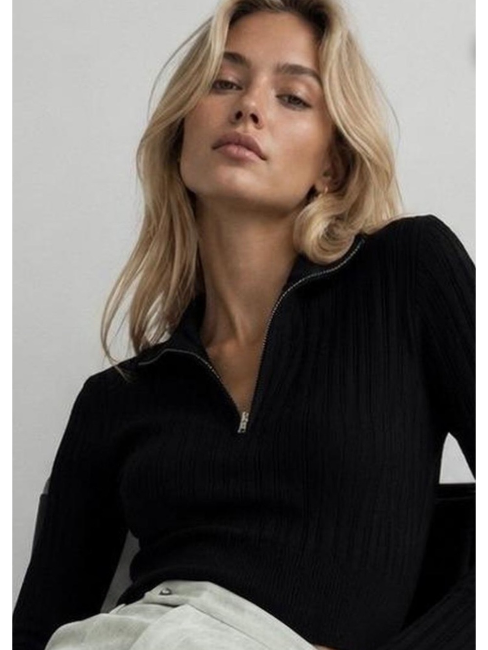 Zara Soft Ribbed Long Sleeve Polo Sweater Knit Zip Top NWOT M